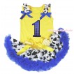 Yellow Baby Pettitop Milk Cow Ruffles Royal Blue Bows & 1st Sparkle Royal Blue Birthday Number Print & Royal Blue Milk Cow Newborn Pettiskirt BG196